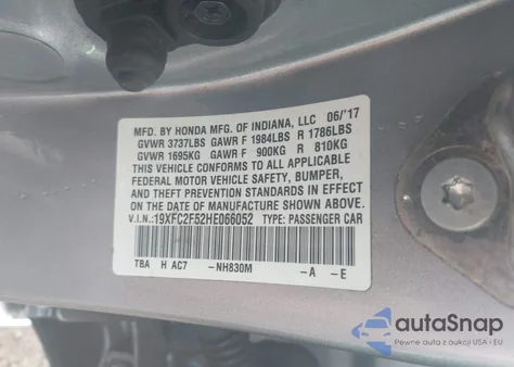2017 Honda Civic Lx from USA, damaged, VIN 19XFC2F52HE066052